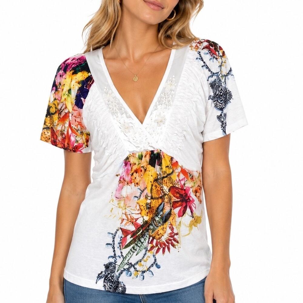 M NEW Svetlana White Satin Embellished Beaded Sequin Flutter Sleeve Blouse Top